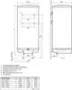 Vaillant Elektro-Warmwasserspeicher, vertikale Konstruktion, mit Anschluss- und Befestigungsmöglichkeiten, gezeichnet in technischem Detail. Maße sind im Diagramm angegeben.
